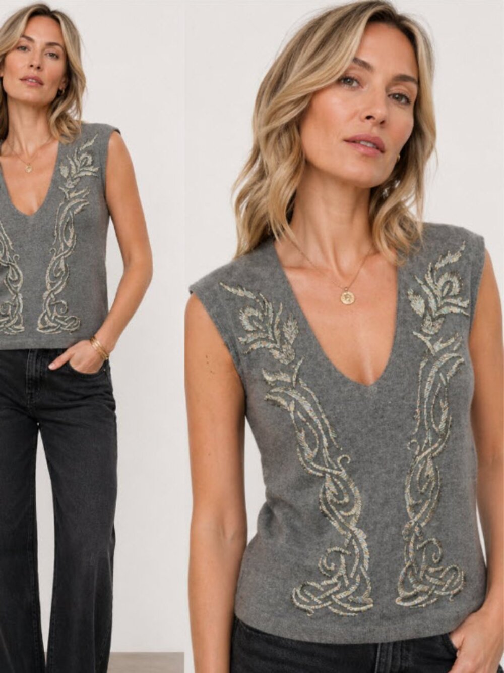 Iisli Cashmere Grey Embellished V-Neck Knit Top Sleeveless Small